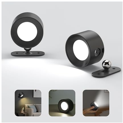Feallive LED Wandleuchte Innen, Wandlampe mit Akku 2 Stück,Touch Control 3 Helligkeitsstufen, 360° drehbare, für Wohnzimmer Schlafzimmer TreppenhausFlur kabellose wandleuchten Schwarz