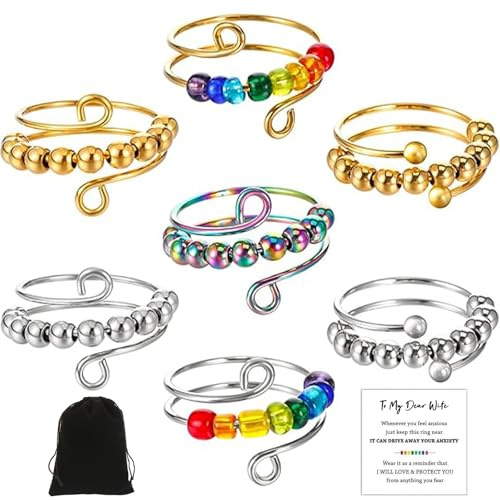 Ensemble de 9 bagues Anxiety - Réglables - Anti-stress - Soulagement de l'anxiété - Anneau anti-stress coloré - Avec perles - Pour femme