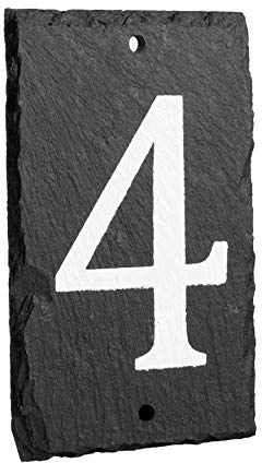 Number 4-14.5 x 9cm Natural Solid Slate House Number Plaque (0-9) Indoor & Outdoor Rustic Door Numbers Sign Including Fixings & Caps - by Nicola Spring