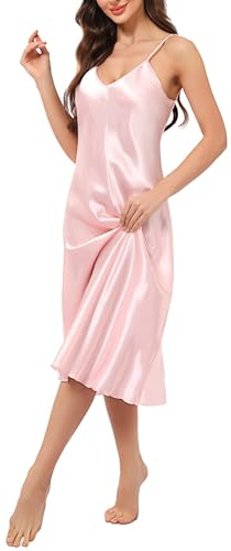 Litherday Women Silk Nightdress Lingerie Long Negligees Satin Chemise Nighty Nightwear Nightgown Full Slips Babydoll Sleepwear Strap Dress(Pink,L