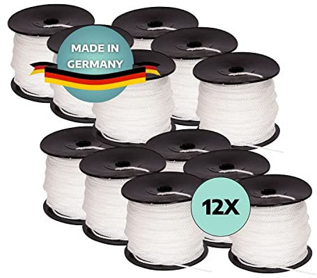 AWOTEX Pflasterschnur Weiß 2,00 mm I 12 Rollen à 100 Meter I Richtschnur für Pflastern I langlebig & reißfest I Polypropylen Bauschnur auf PVC Rolle I Maurerschnur für Wasserwaage