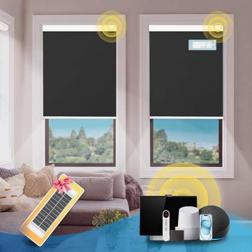 DENFOON Motorized Blackout Blinds with Remote, Solar Panel, Automatic Roller Shades, Black, 35 W x 72 H