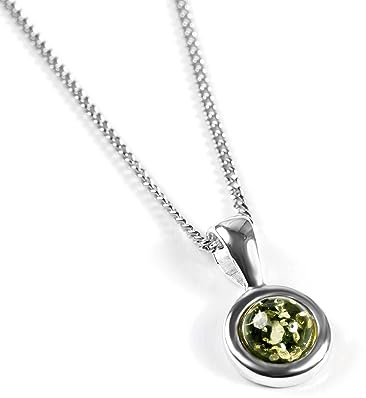 HENRYKA 925 Sterling Silver & Green Amber Round Charm Necklace | Minimal Pendant | Bridesmaid Jewellery | Hypoallergenic Women's Jewellery with Gift Box