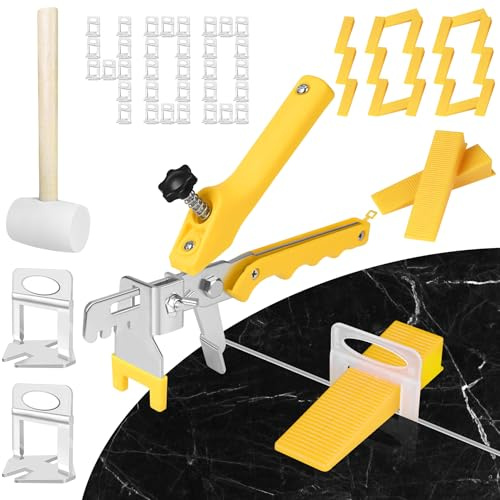Tile Leveling System 1/16 Inch with Tile Plier and Rubber Hammer - 400Pcs Tile Spacers Leveling Clips and 100Pcs Reusable Wedges Tile Tools for Floor Wall Ceramic Tile Stone Installation - Yellow