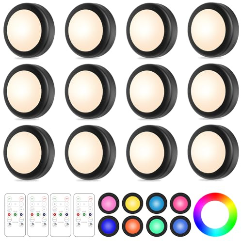 Yiliaw 12er-Pack LED Puck-Lichter mit Fernbedienung,16 Farbwechsel Unterbauleuchten,Batteriebetriebene Nachtlichter mit Dimmer & Timer für Schrank,Schlafzimmer und Küche,Schwarz