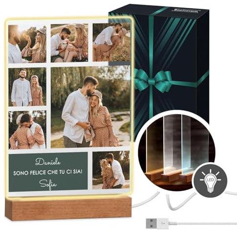 Maverton Cornice LED luminosa con supporto in legno - Quadro in vetro acrilico personalizzato con collage di foto - Lampada con foto per uomo per il compleanno - Dono - XL: 21x32x4,5cm