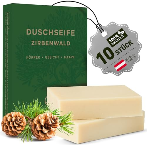 larum sports feste Duschseife Männer, Seife Stück, Zirbenwald, 10x 85g | Festes Shampoo, feste Seife, 3 in 1 Haare Körper Gesicht, Körperseife Männer, Naturseife, festes Duschgel Männer