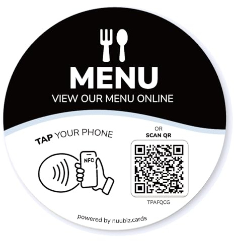 NFC Menu QR Code Sign with Adhesive Backing – Tap or Scan to View Menu, Works Like a Review Tap Card or Social Media Sign, Round Acrylic QR Code Tag, No App or Subs, Use Your Existing Menu Link