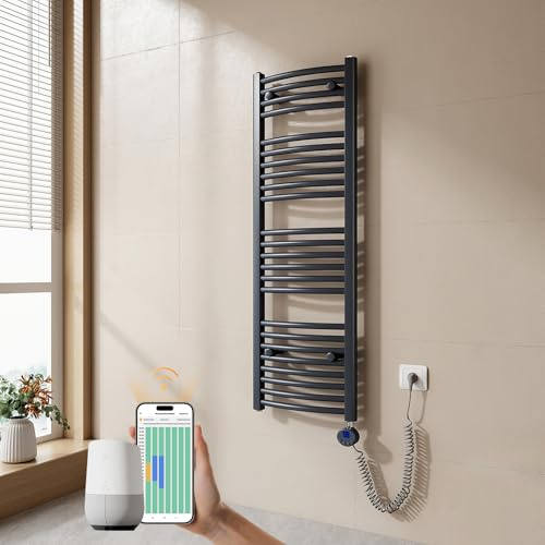 EMKE Sèche-Serviette électrique Salle de Bain 120 x 40 cm, Anthracite | Radiateur courbé avec WiFi Thermostat, Chauffe-Serviettes électrique,Support Porte-Serviettes électrique,500 Watts