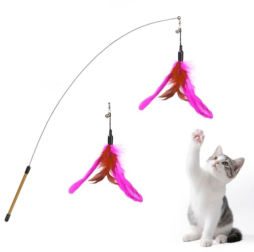 Pawaboo Jouet Interactif pour Chat, Baguette à Plumes avec Grelot | Jouet canne à plumes pour chat, Baguette extra-longue ( 34,5 po) pour jeux de poursuite et exercice, Rose et brun-rouge