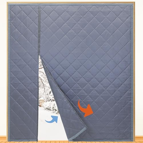 Reversible Wide Magnetic Thermal Insulated Door Curtain for Winter,Thicken Polyester Fiberfill & Heavy Duty Oxford Cloth,Temporary Window Insulation Cover Curtain for French Sliding Door,74”x81,Grey