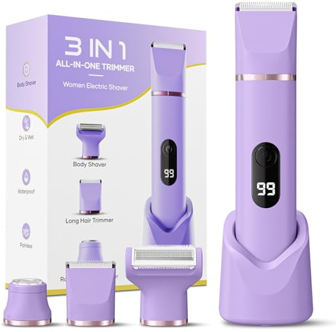 tiovara Tondeuse de bikini pour femme, rasoir électrique indolore IPX7 étanche sans fil pour épilation du corps et du pubis avec station de charge USB pour aisselles, jambes, bras, corps, visage, peau