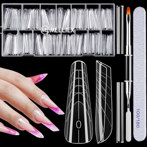 MELLIEX 150 Pezzi Unghie Finte Dual Nail Forms Kit, Tip in Gel per Unghie Estensione, Trasparente Acrilico Mandorla Stiletto Dual Form per Manicure Salone DIY (15 Misure)