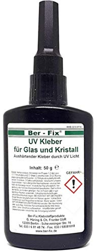 Ber-Fix Pegamento UV para cristal, cristal y metal, 50 g, viscosidad baja, 50 mPas, relleno hasta 0,10 mm