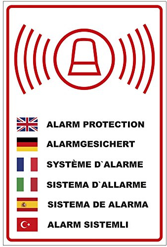 Schild Alarmgesichert, PVC-Hartschaum, 200x300 mm | 3 mm stark, wetterfest, in mehreren Sprachen