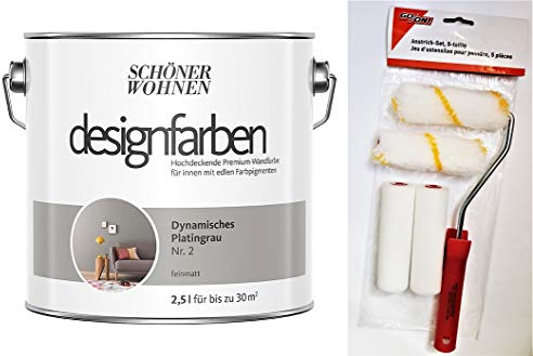 Schöner Wohnen designfarben feinmatte Wandfarbe für innen 2,5 Liter mit go/on Rollen-Set 5-tlg (Nr 2 Dynamisches Platingrau)