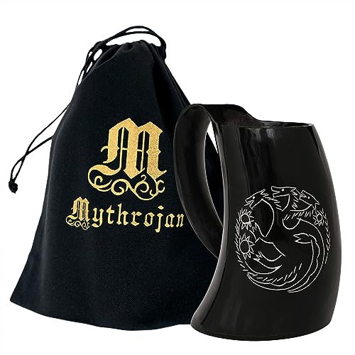 Mythrojan Three Headed Dragon Viking Drinking Horn tankard with Medieval Buckle Leather Strap Wine Beer Mead 800 ML - Polished Finish