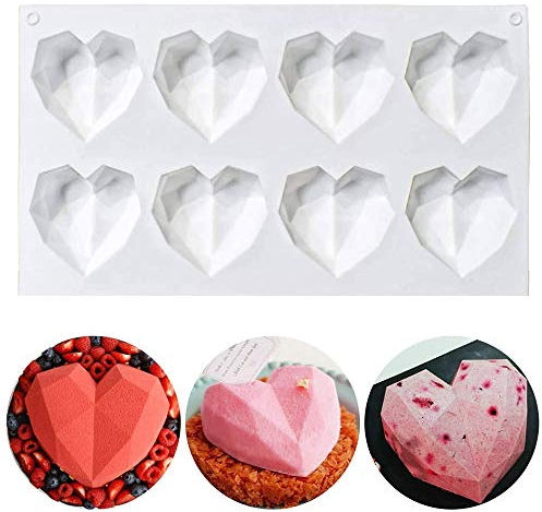 BREEZO Silicone Heart Cake Mold, 3D Love Heart Shape Mould - Non-Stick Ice Cream Soap Jelly Molds (8-Cavity)