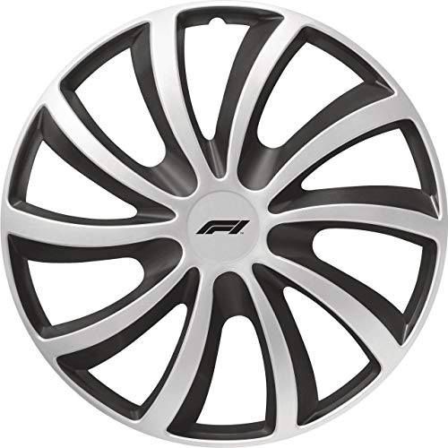Formula 1 Radzierblenden, Radkappen, 14 Zoll (35 cm), Schwarz/Silber, 4 Stück, 3-fach lackiert, mit Haltering, im sportlichen Look