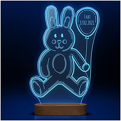 CHRISCK design Hase Nachtlicht Schlummerlicht Häschen mit Wunsch-Gravur | Acryglas mit Holzständer USB-Kabel & verschiedene Einstellungen | Geschenke für Babys Kindergeburtstag Erster Geburtstag