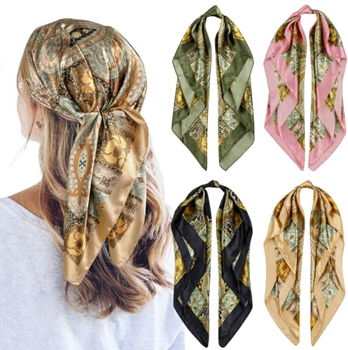 QBSM 4 Pcs 35'' Satin Head Scarf Silk Feeling Neck Scarves Hair Wrap for Sleeping Large Square Headscarf for Women