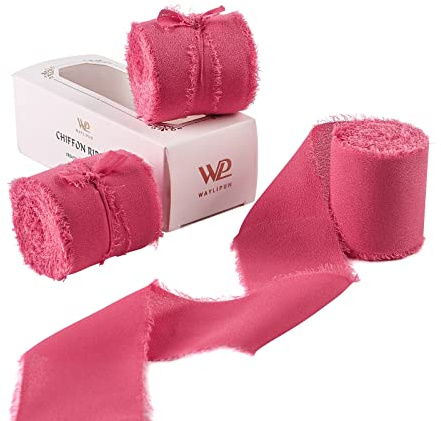 Waylipun 3 Rollen 5cm x 6.4M Geschenkband Schleifenband, Hochzeit Festival Bänder, Chiffonband Dekoband zum Verpacken von Geschenken, Blumensträuße, Hochzeitseinladung, DIY Handwerk - Rosenrosa