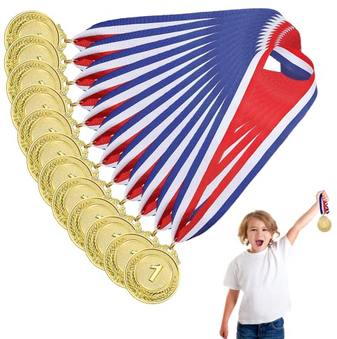 xlwen Goldmedaille Metall, 12 Pcs Medaillen für Kinder, Gold Medaillen mit Schleife, Gold Award Medaillen für Fußballspiel,Sport, Wettbewerbe, Scrabble, Partys