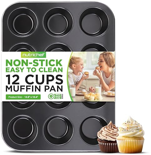 NutriChef 13” Non-Stick Muffin Baking Pan - Premium Dark Gray Carbon Steel Bake Tray, Commercial Grade Restaurant Quality Metal Bakeware - Dishwasher Safe