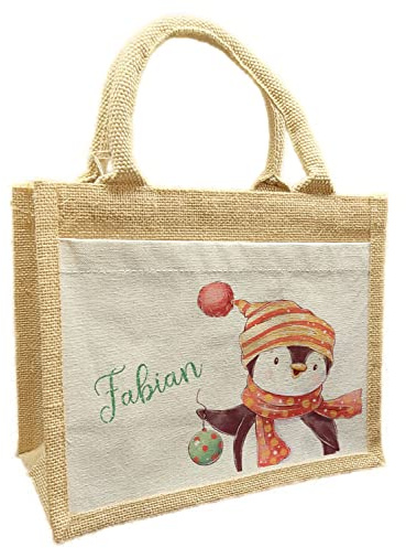 CreaDesign, Nikolaustasche mit Namen personalisiert, Nikolaustüte aus Jute, Pinguin XXL 26 x 22 x 14 cm
