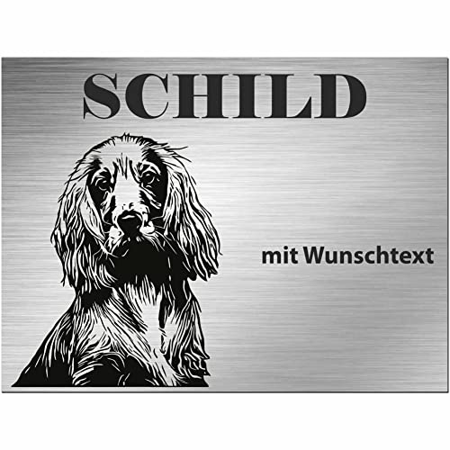 INDIGOS UG - Schilder selbst gestalten Englisch Cocker Spaniel - Wunschtext personalisiert - Aluverbundplatte Edelstahllook - ab 20x15 cm - Spruch - Deko Geschenkidee für Ihren Hund - Zaun - Türschild
