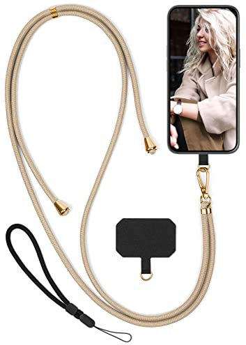 moex Unleash für HTC One M9 Handyband zum Umhängen ohne Hülle, Handykette Universal mit Karabiner, Handy Band abnehmbar, Kette mit Pad für Handyhülle, Beige, Gold