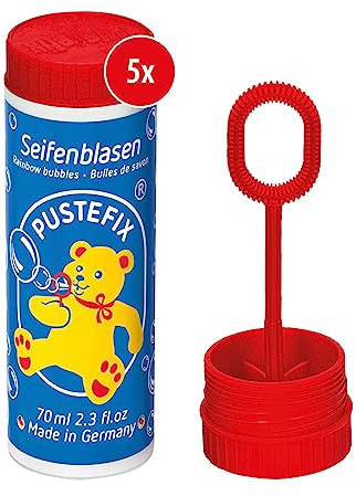 PUSTEFIX tvålbubblor set I 5 x klassisk 70 ml I Färgglada bubblor tillverkade i Tyskland I tvålbubblor för bröllop, barns födelsedag, registreringsfest, polterkväll I 5 x 70 ml värdepaket för barn och