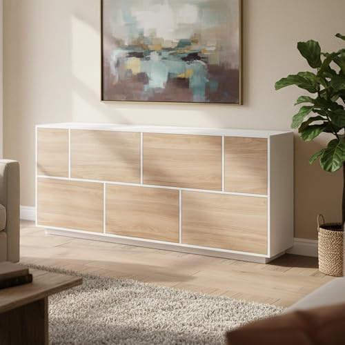 Dmora - Buffet Virginio, Buffet de Cuisine 7 Portes, Buffet de Salon, 100% Made in Italy, 200x41h86 cm, Blanc Brillant et Noyer