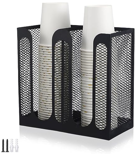 Maxcheck Metal Mesh Cup and Lid Holder Coffee Paper Cup Dispenser Lid Holder Storage Organizer Countertop or Wall Mount for Coffee Bar, Kitchen, Breakroom(2 Compartments, 8.2 x 4.1 x 7.9 Inch)
