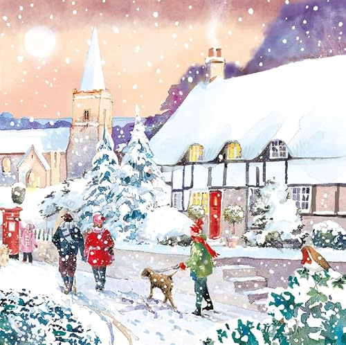 Weihnachtskarten mit verschneiten Dorfszenen, zeitgenissische Kunst, Weihnachts- und Neujahrskarten, 6 Stick