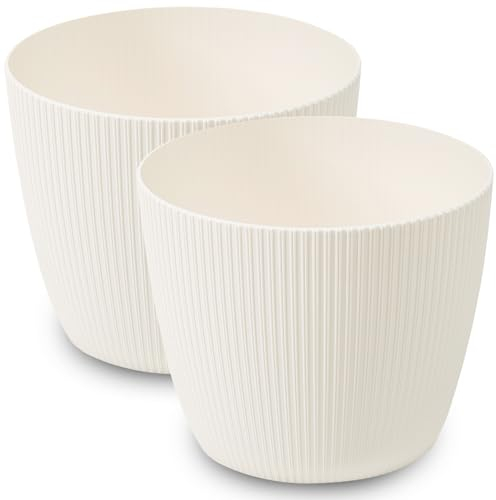 PECZEKO Vaso da fiori opaco, in plastica, vaso decorativo per piante, grande, 2 vasi per fiori, 2 vasi per erbe, colore: crema, diametro 22 cm