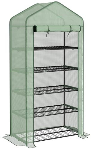 Outsunny Invernadero de Jardín de 5 Niveles Invernadero de Exterior con Puerta Enrollable con Cremallera Anti-UV Diseño Ensanchado y Estantes Cubierta de PE 135g/㎡ 90x49x193 cm Verde