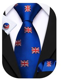 Barry.Wang Union Jack British Flag Ties Silk Royal Blue Men Necktie Set Handkerchief Cufflinks Formal