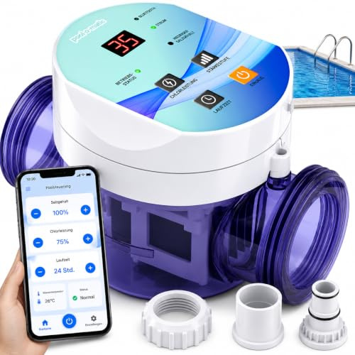 poolomio® Klorinator för pooler upp till 35 m³ med smart appkontroll | saltelektrolysapparat 7,5 g/h för kemikaliefri pooldesinfektion | Klorgenerator med anpassningsbar drifttid