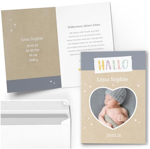 Einladungskarten Manufaktur Hamburg 10 Geburtskarten mit Foto PERSONALISIERT Herz grau Jungen und Mädchen Babykarten Geburt individuell Dankeskarten mit Umschlägen