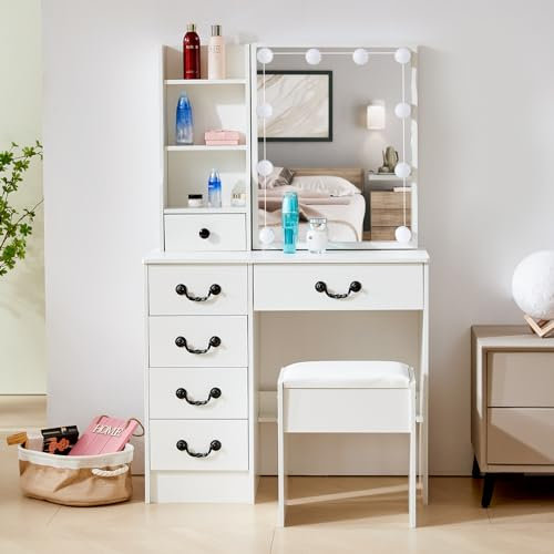 Puselo Schminktisch mit Beleuchtung und Spiegel, Frisiertisch mit Licht und Hocker, 6 Schubladen 6 Ablagen Kosmetiktisch für Schlafzimmer Kinderzimmer 80x36x131cm