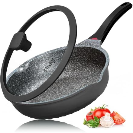 Vinchef Antihaft-Pfanne mit Deckel, 32,5 cm, Aluminium, tiefe Bratpfanne mit Deckel und Hitzeindikator, kratzfest und fleckenabweisend, induktionsgeeignet