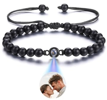 JSDDE Personalisiertes Armband mit Foto im Stein Projektionsarmband Fotoarmband Heilsteine Edelsteine Perlenarmband Personalisierte Geschenk für Damen Herren