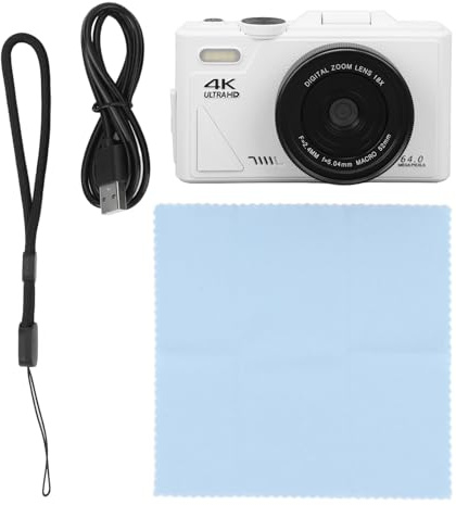 Digitalkamera, Autofokus-Kameras, Kompakte Digitale Bildkamera, 64 MP, Hochauflösender Sensor, UHD 4K, 18-facher Digitalzoom, Retro mit 3-Zoll-Klappbildschirm für (Weiß)