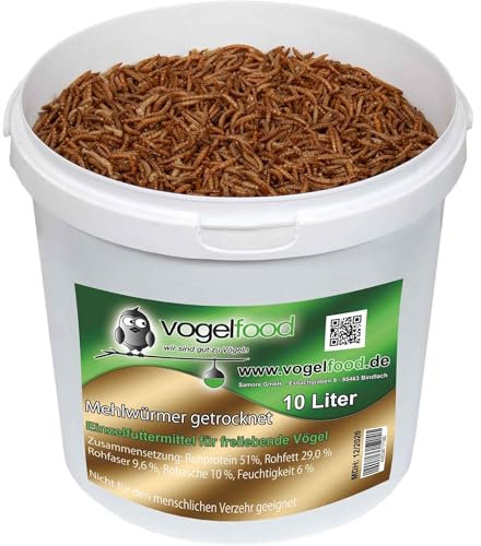 getrocknete Mehlwürmer in 10 Liter im Eimer, Protein- und fettreich, verfeinert und gesiebt, für Fische, Nager, Vögel, Reptilien, auch Koifutter oder Igelfutter