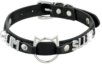 Schwarzes O-Ring-Halsband für Damen, rosafarbenes veganes Leder, Choker-Halskette mit Katzenförmigem Ring und Strass-Buchstaben, Kunstleder, Kein Edelstein (SLU, Schwarz)