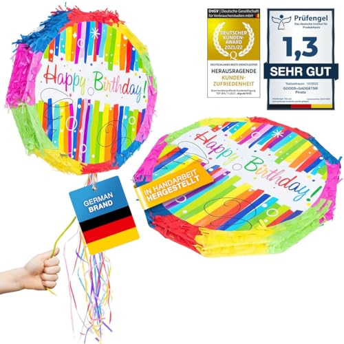 GOODS+GADGETS® Pinata Geburtstag, Happy Birthday Karton für Süßigkeiten | Ein unvergessliches Partyspiel, extra robust für langen Schlagspaß, 20x5x25 cm groß, ideale Kindergeburtstag Dekoration.