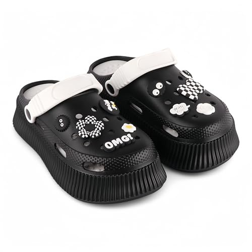 CHILLIFE Sabots Plate-forme Femme avec Charms Amovibles, Tongs Plage, Piscine et Jardin, Été - Fabriqué au Portugal, Noir , 39 EU