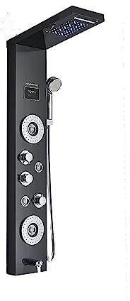 NGBFF Colonne Douche, Colonne de Panneau de Douche ， Robinet mitigeur à Jets de Massage ， Pluie de lumière Bleue à Grand écran et pommeau de Douche Cascade en Acier Inoxydable(Black 8006)