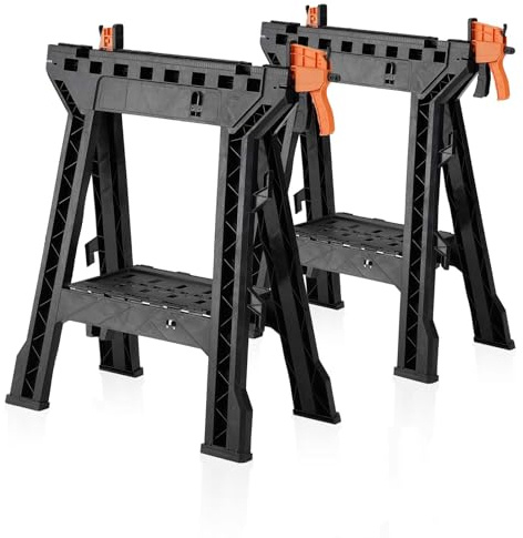 ZYJOYY Saw Horses 2 Pack-Folding Heavy Duty Clamping Sawhorse 1000 LBS Load Capacity, Workhorse with Bar Clamps, Built-in Tool Tray and Cord Hooks